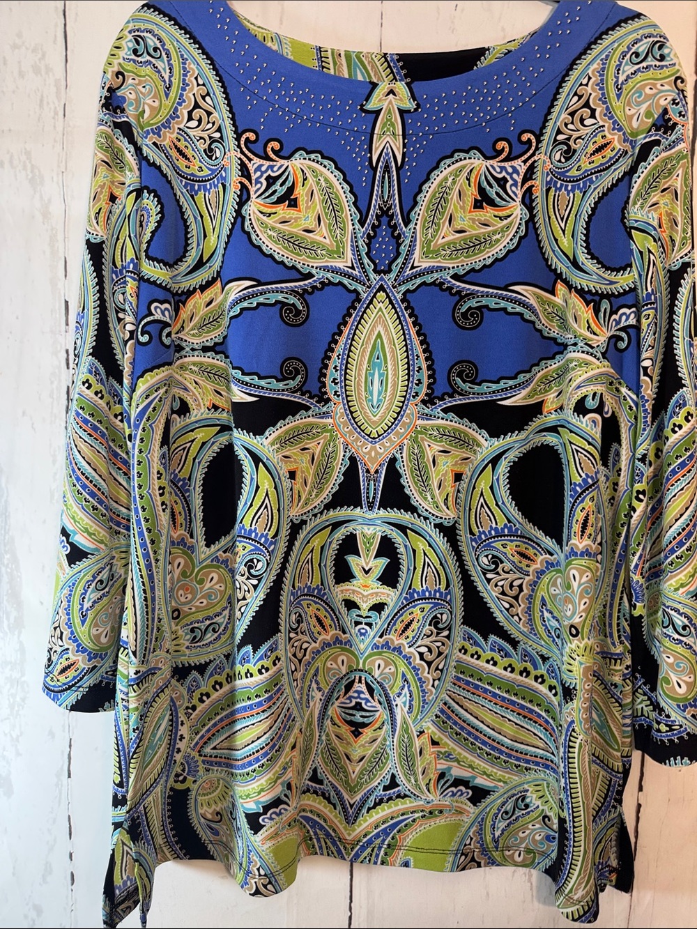 JM Collection Blue and Green Paisley Studded Tunic